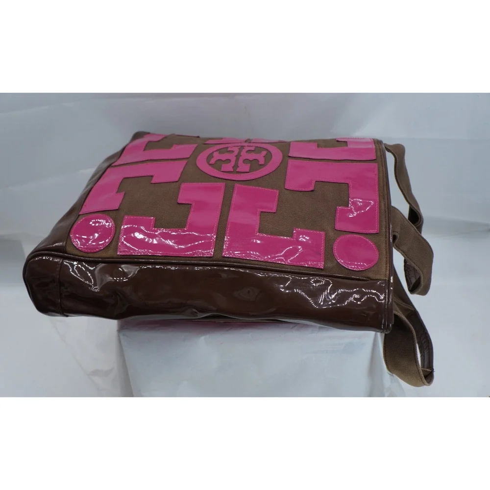 TORY BURCH TALL CANVAS & PATENT PINK & BROWN TOTE - Picture 6 of 9